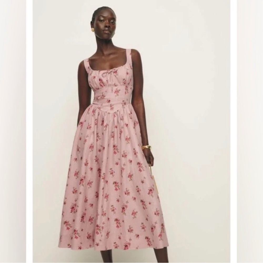 Reformation Balia Pink Floral Linen Midi Dress Size 4 EUC 100% Linen